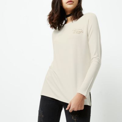 Cream embroidered long sleeve T-shirt